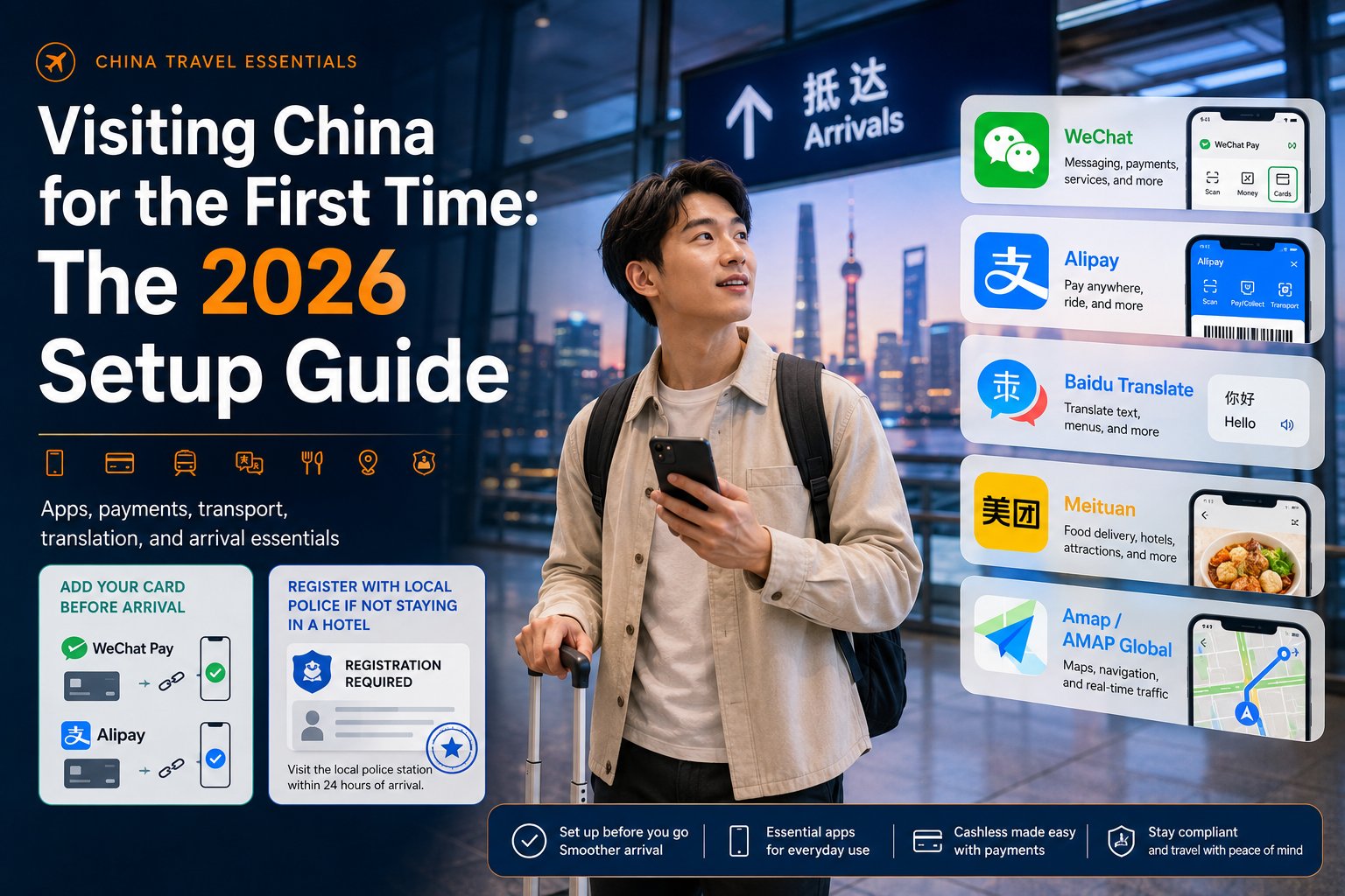 A traveller with a suitcase and phone in a Chinese airport arrivals hall, beside cards for the WeChat, Alipay, Baidu Translate, Meituan and Amap apps