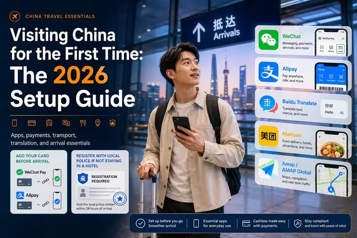 Visiting China for the first time: the 2026 setup guide, showing a traveller and the essential China apps
