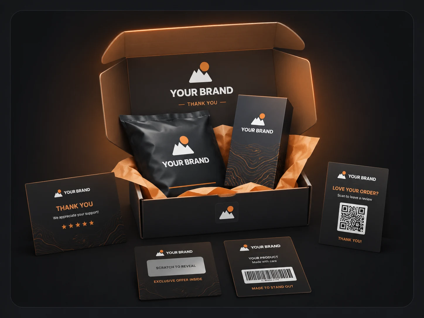 A branded dropshipping parcel: a custom mailer box printed with your logo and a thank-you message, a branded poly mailer and product box, a thank-you card, a QR review card, a scratch-off offer card and a barcode label.