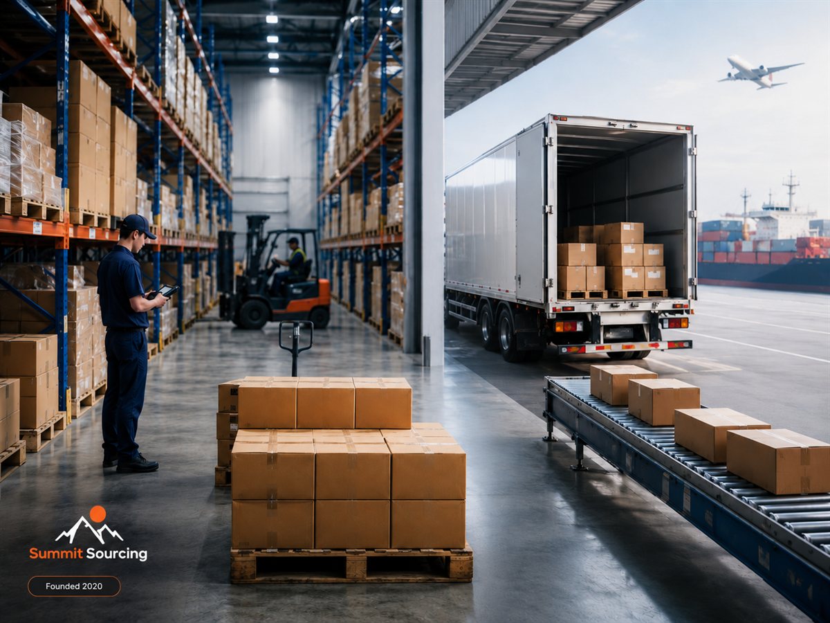 Warehouse stacked with packed goods ready to ship