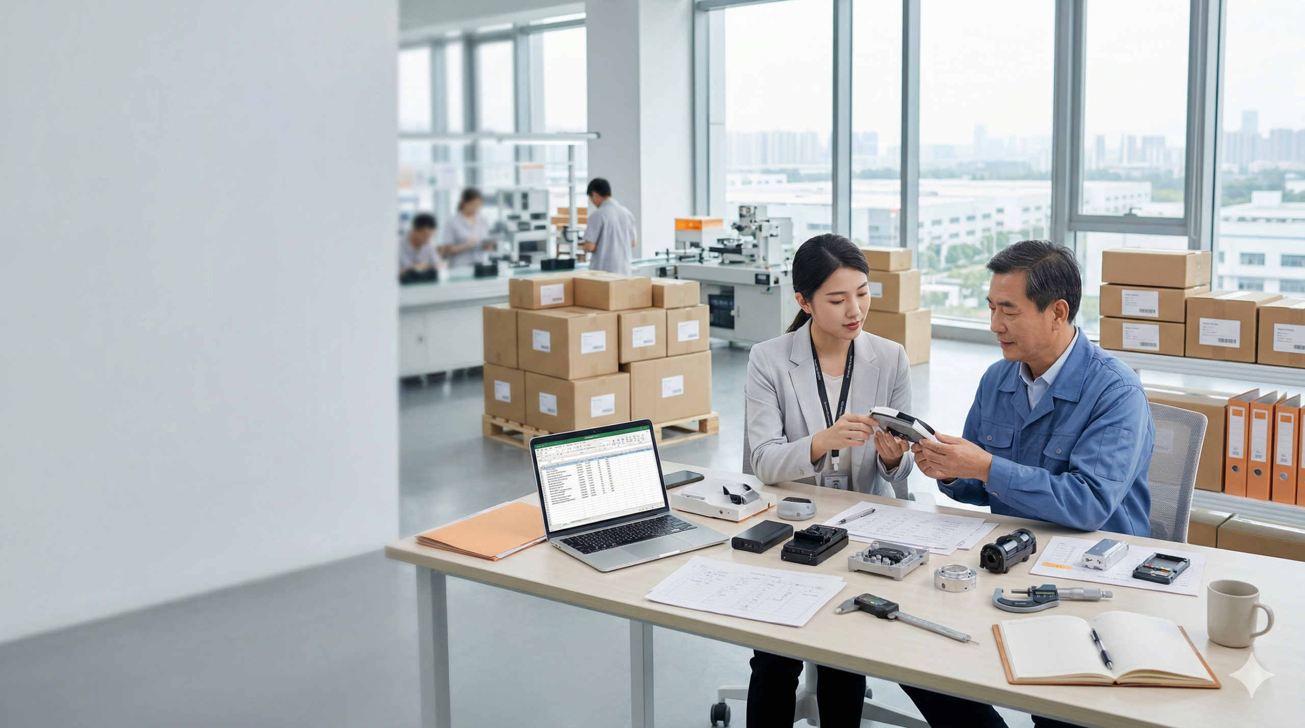 China sourcing agent inspecting product samples in factory